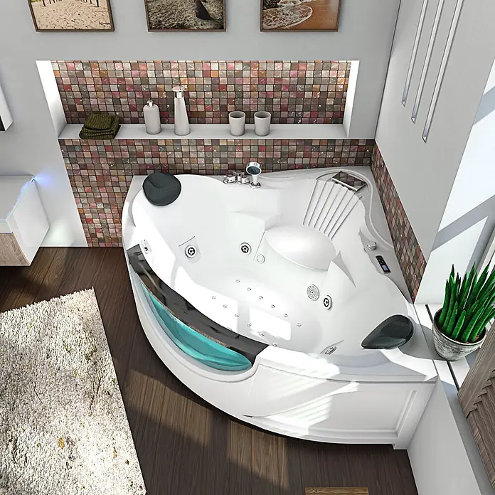 AcquaVapore Badewanne Fertigdusche W25-TH-SC - Acryl, Weiß - Moderner weißer Eck-Whirlpool mit Düsen, integriertem Sitz, schwarzen Kopfstützen und türkisfarbenem Lichtakzent im Badezimmer.