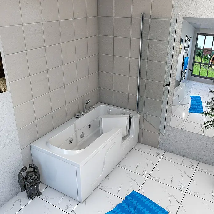 AcquaVapore Badewanne Fertigdusche S17D-EH-WP-L - Acryl, Weiß - Weiße Einstiegswanne mit integrierter Tür, Hydromassagedüsen und Brausegarnitur in einem modernen, gefliesten Bad.