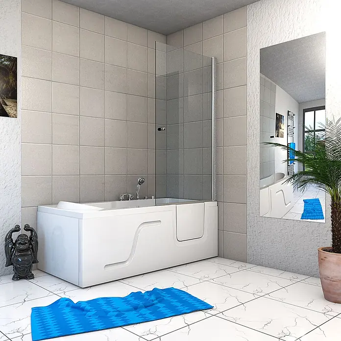 AcquaVapore Badewanne Fertigdusche S17D-EH-WP-L - Acryl, Weiß - Weiße begehbare Badewanne mit Duschabtrennung aus Klarglas in einem Badezimmer.