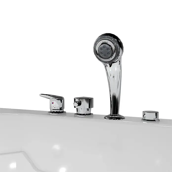 AcquaVapore Badewanne Fertigdusche S17D-EH-WP-L - Acryl, Weiß - Chrom-Badewannearmatur-Set mit Handbrause, auf weißer Wanne montiert.
