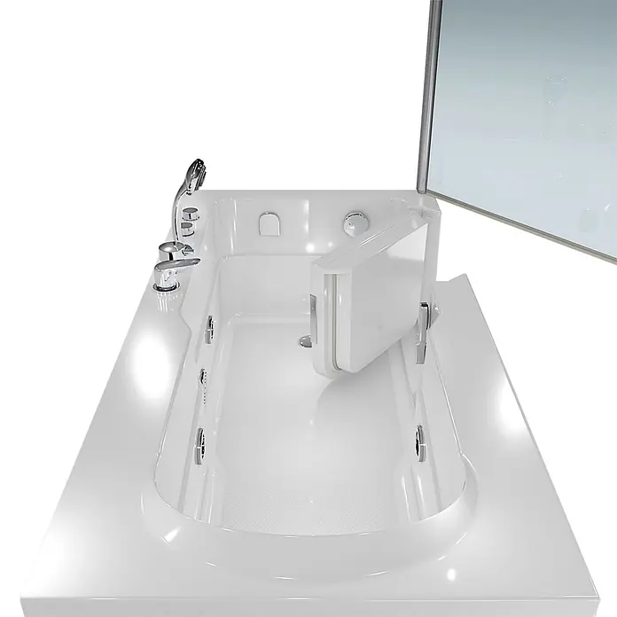 AcquaVapore Badewanne Fertigdusche S17D-EH-WP-L - Acryl, Weiß - Weiße begehbare Badewanne mit offener Schwenktür, Chromarmatur, Handbrause und Hydromassagedüsen.