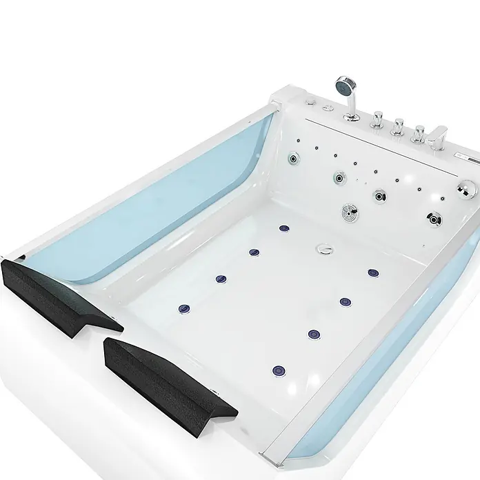 AcquaVapore Badewanne Fertigdusche W40-SC - Acryl, Weiß - Weiße Whirlpool-Badewanne mit blauen Akzenten, Chromarmaturen, Hydromassagedüsen und schwarzen Kopfstützen.