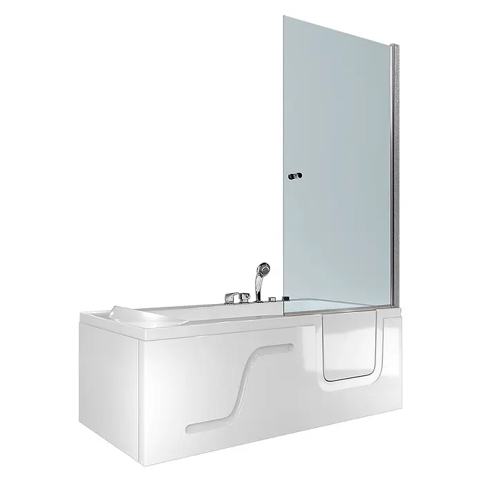 AcquaVapore Badewanne Fertigdusche S17D-EH-WP-L - Acryl, Weiß - Weiße Walk-in-Badewanne mit Duschabtrennung und Chromarmaturen.