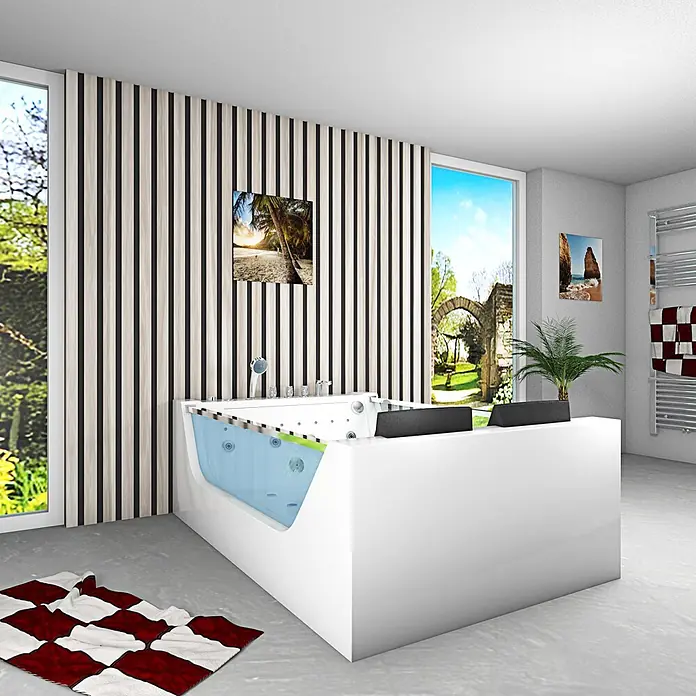 AcquaVapore Badewanne Fertigdusche W40-SC - Acryl, Weiß - Eine moderne weiße Badewanne mit transparentem Bereich, blauen Wasserjets und Duschkopf in einem modernen Badezimmer.