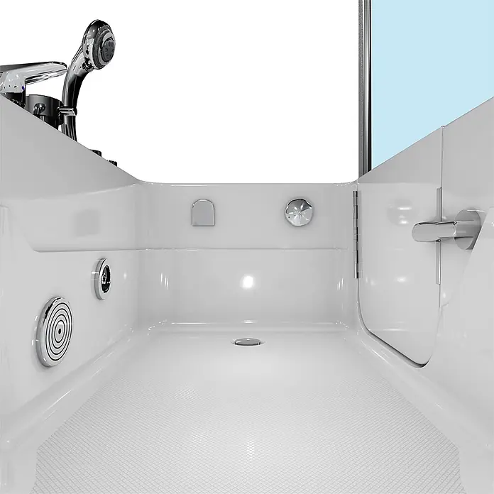 AcquaVapore Badewanne Fertigdusche S17D-EH-WP-L - Acryl, Weiß - Weiße begehbare Badewanne mit niedriger Tür, strukturiertem Antirutschboden, Handbrause und Chromdüsen.