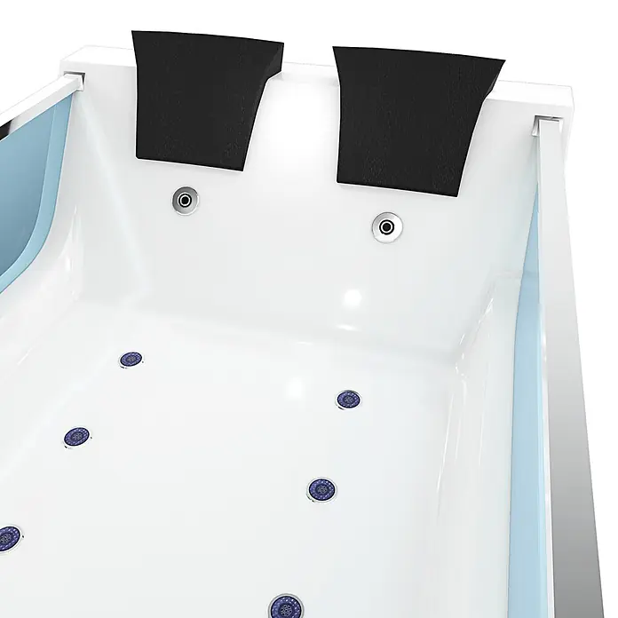 AcquaVapore Badewanne Fertigdusche W40-SC - Acryl, Weiß - Weiße Whirlpool-Badewanne mit blauen Seitenakzenten, schwarzen Kopfstützen und mehreren Düsen.