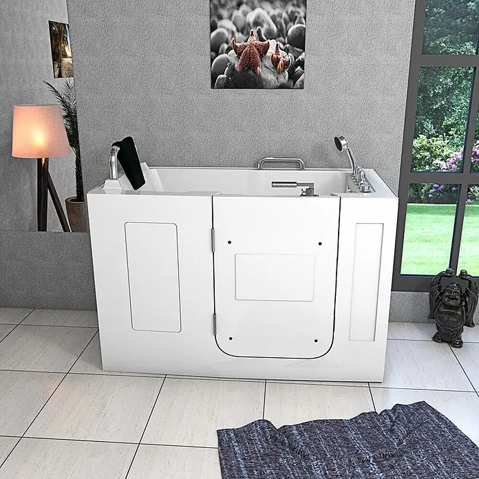 AcquaVapore Badewanne Fertigdusche S07WP-TH-B-L - 140 x 76 cm, Acryl, Weiß - Weiße barrierefreie Badewanne mit Seiteneinstiegstür für zugängliches Baden in einem modernen Badezimmer.