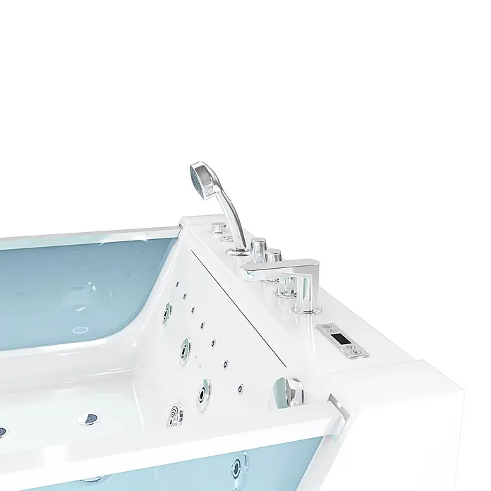 AcquaVapore Badewanne Fertigdusche W40-SC - Acryl, Weiß - Weiße Whirlpool-Badewanne mit Chromarmaturen, Handbrause und digitalem Bedienfeld, teilweise mit hellblauem Wasser gefüllt.