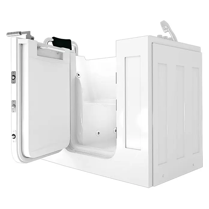 AcquaVapore Badewanne Fertigdusche S07WP-TH-B-L - 140 x 76 cm, Acryl, Weiß - Weiße barrierefreie Badewanne mit offener Tür und integriertem Sitz für zugängliches Baden.