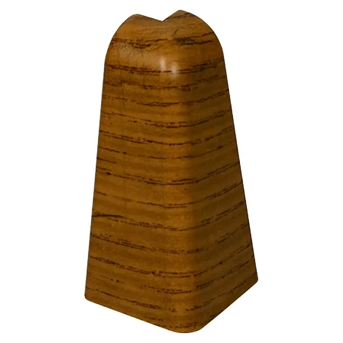 Profiles and more Außenecke FU60L - Eiche Dunkelbraun, 2 Stk. - Ein trapezförmiger Holzpfosten mit abgerundeten Kanten und einer V-förmigen Einkerbung oben, der eine natürliche Holzmaserung aufweist.