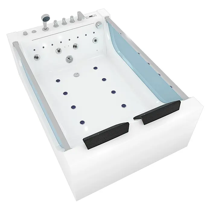 AcquaVapore Badewanne Fertigdusche W40-SC - Acryl, Weiß - Weißer Whirlpool mit silbernen Armaturen, blau getönten Paneelen und schwarzen Kopfstützen.