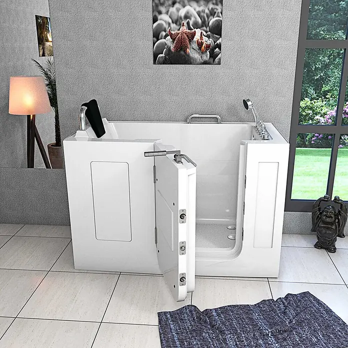 AcquaVapore Badewanne Fertigdusche S07WP-TH-B-L - 140 x 76 cm, Acryl, Weiß - Weiße barrierefreie Badewanne mit offener Seitentür für einfachen Zugang, inklusive integriertem Sitz und Duschkopf.