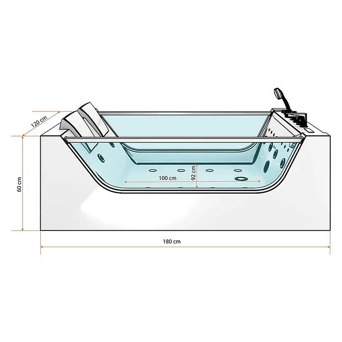 AcquaVapore Badewanne Fertigdusche W40-SC - Acryl, Weiß - Weiße Whirlpool-Badewanne mit Kopfstützen und Brause, Maße 180x120x60 cm, Innentiefe 92 cm.