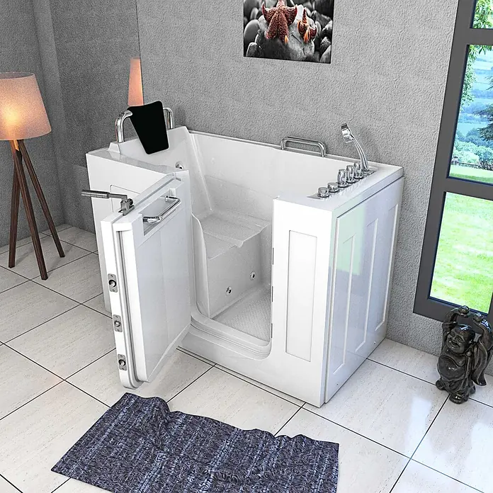 AcquaVapore Badewanne Fertigdusche S07WP-TH-B-L - 140 x 76 cm, Acryl, Weiß - Weiße begehbare Badewanne mit offener Seitentür, integriertem Sitz und Chromgriffen für barrierefreies Baden.