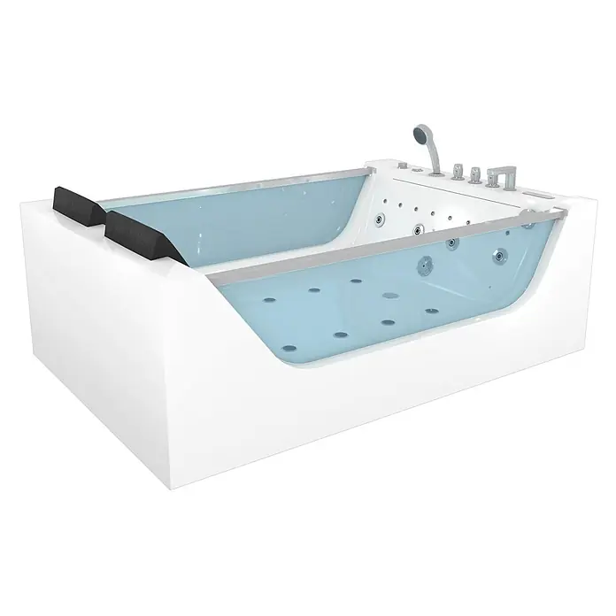 AcquaVapore Badewanne Fertigdusche W40-SC - Acryl, Weiß - Weiße, rechteckige Whirlpool-Badewanne mit blauem Interieur, Massagedüsen, Duschkopf und schwarzen Kopfstützen.