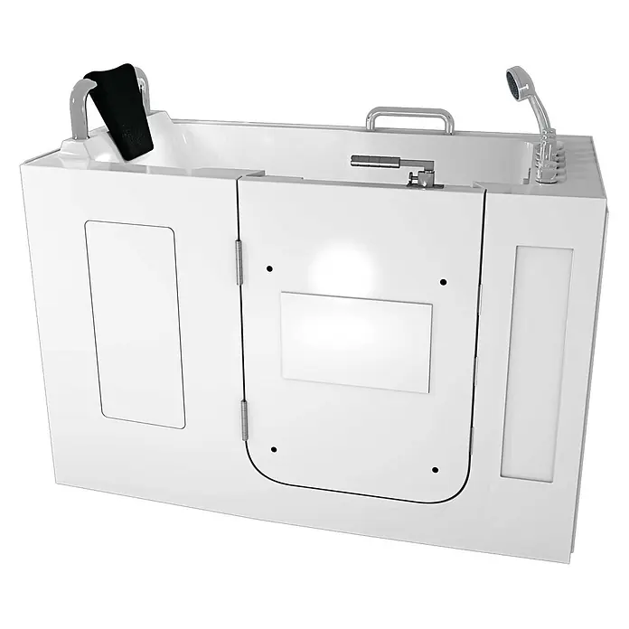 AcquaVapore Badewanne Fertigdusche S07WP-TH-B-L - 140 x 76 cm, Acryl, Weiß - Weiße begehbare Badewanne mit Seitentür, integrierter Armatur, Handbrause, Haltegriff und schwarzer Kopfstütze.