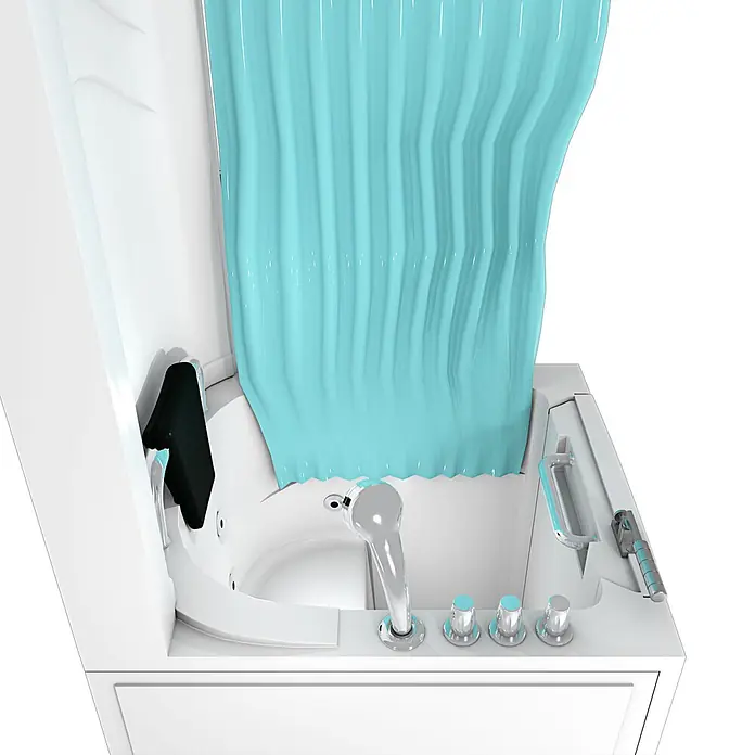 AcquaVapore Badewanne Fertigdusche S10D-TH-WP - 80 x 90 cm, Acryl, Weiß - Weiße Badewanne mit türkisem Duschvorhang, Chromarmatur und schwarzem integriertem Sitz.