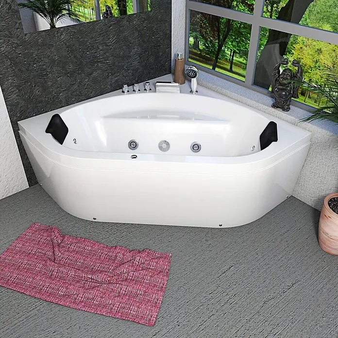 AcquaVapore Badewanne Fertigdusche W20-TH - Acryl, Weiß - Weiße Eck-Whirlpool-Badewanne mit Düsen, Armaturen und Handbrause in einem modernen Badezimmer.