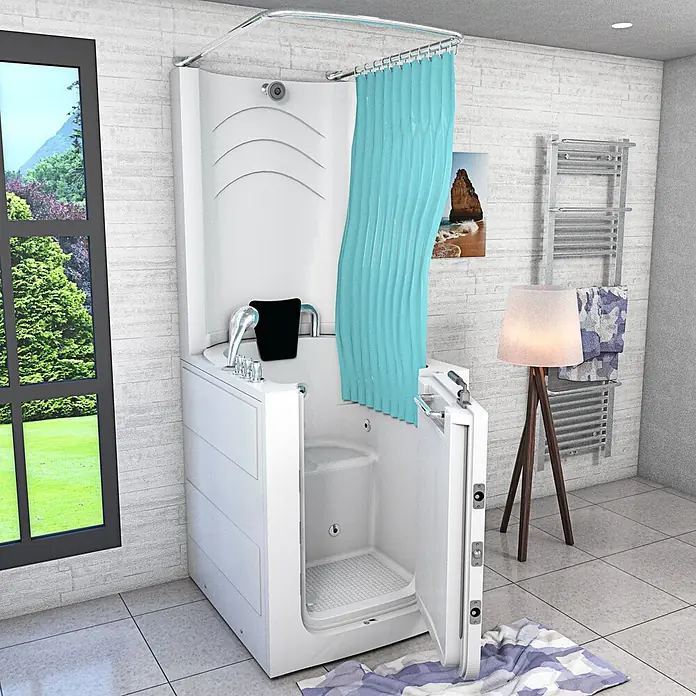 AcquaVapore Badewanne Fertigdusche S10D-TH-WP - 80 x 90 cm, Acryl, Weiß - Weiße begehbare Badewanne mit niedriger Einstiegstür und türkisfarbenem Duschvorhang, für einfachen Zugang konzipiert.