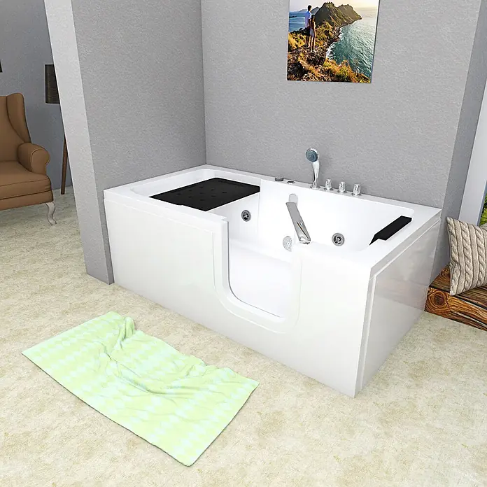 AcquaVapore Badewanne Fertigdusche S15WP-TH-R - 150 x 75 cm, Acryl, Weiß - Weiße begehbare Badewanne mit Chromarmaturen und schwarzem Sitz, in einem Badezimmer installiert.