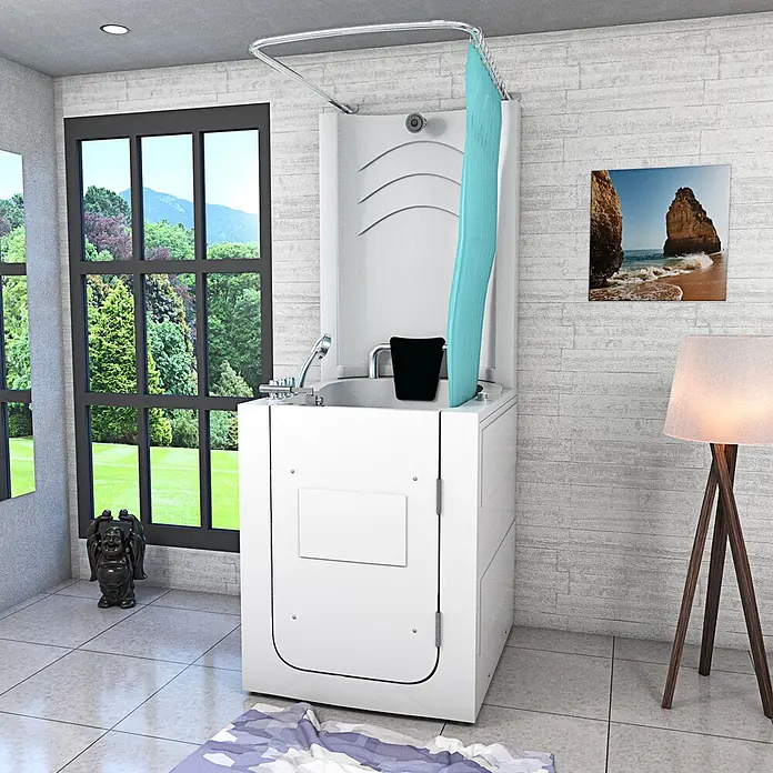 AcquaVapore Badewanne Fertigdusche S10D-TH-WP - 80 x 90 cm, Acryl, Weiß - Weiße barrierefreie Badewanne mit integrierter Dusche, blauem Vorhang und Chromarmaturen in einem modernen Bad.