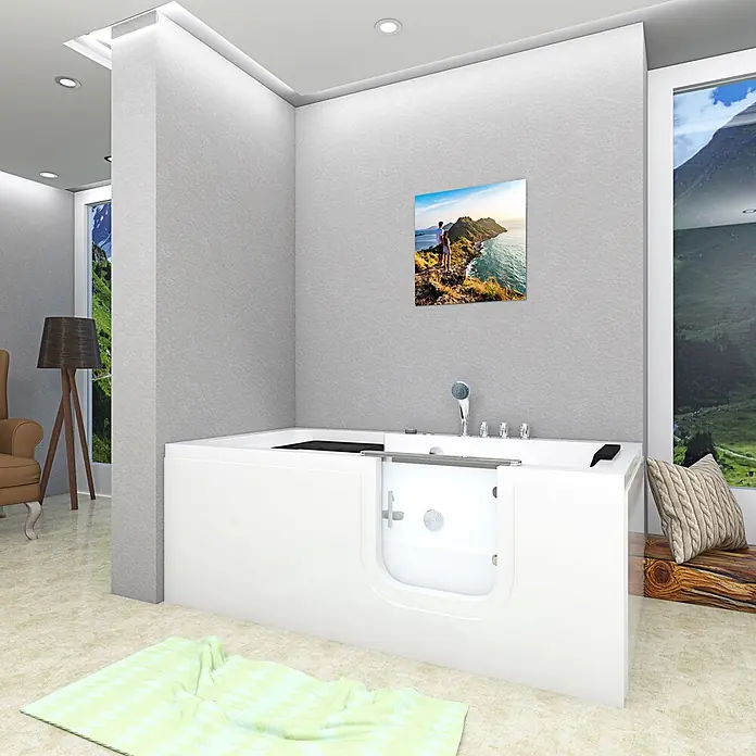 AcquaVapore Badewanne Fertigdusche S15WP-TH-R - 150 x 75 cm, Acryl, Weiß - Weiße begehbare Badewanne mit klarer Tür für barrierefreies Baden.