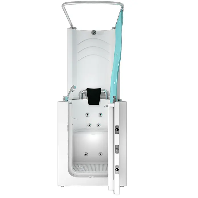 AcquaVapore Badewanne Fertigdusche S10D-TH-WP - 80 x 90 cm, Acryl, Weiß - Weiße begehbare Badewanne mit Duschfunktion, Haltegriff, Sitz mit schwarzer Kopfstütze, Hydromassagedüsen und barrierefreier Tür. Türkiser Duschvorhang.