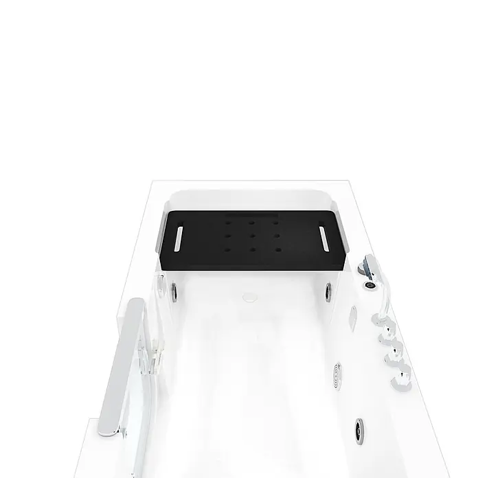 AcquaVapore Badewanne Fertigdusche S15WP-TH-R - 150 x 75 cm, Acryl, Weiß - Weiße begehbare Badewanne mit schwarzem Antirutschsitz und Chromarmaturen.