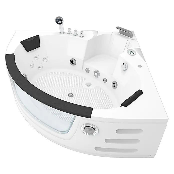 AcquaVapore Badewanne Fertigdusche W05R-TH - Acryl, Weiß - Weiße Eck-Whirlpool-Badewanne mit Hydromassage-Düsen, integrierter Dusche, schwarzen Kopfstützen und einer klaren, geschwungenen Frontplatte.