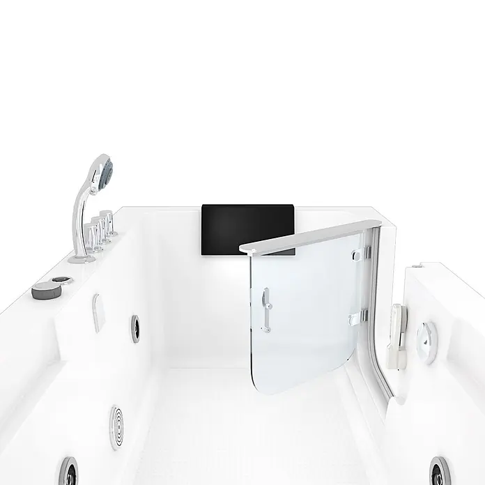 AcquaVapore Badewanne Fertigdusche S15WP-TH-R - 150 x 75 cm, Acryl, Weiß - Weißer begehbarer Badewanne mit klarer Glastür, Chromarmaturen und schwarzer Kopfstütze. Mit Handbrause und Bedienknöpfen.