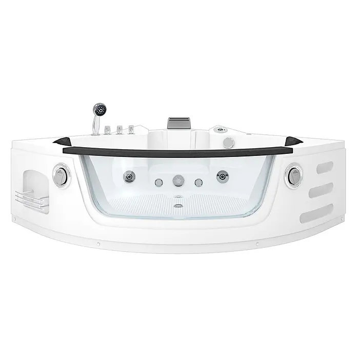 AcquaVapore Badewanne Fertigdusche W05R-TH - Acryl, Weiß - Weiße Eck-Whirlpool-Badewanne mit transparenter Glasfront, Hydromassagedüsen, integrierter Brause und Chromarmaturen.