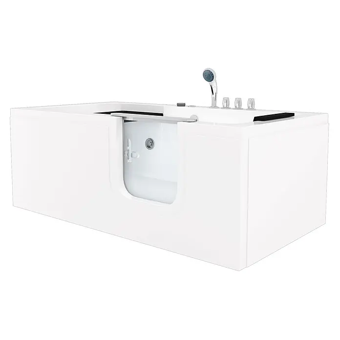AcquaVapore Badewanne Fertigdusche S15WP-TH-R - 150 x 75 cm, Acryl, Weiß - Weiße begehbare Badewanne mit transparenter Einstiegstür, Duschkopf und Armaturen.