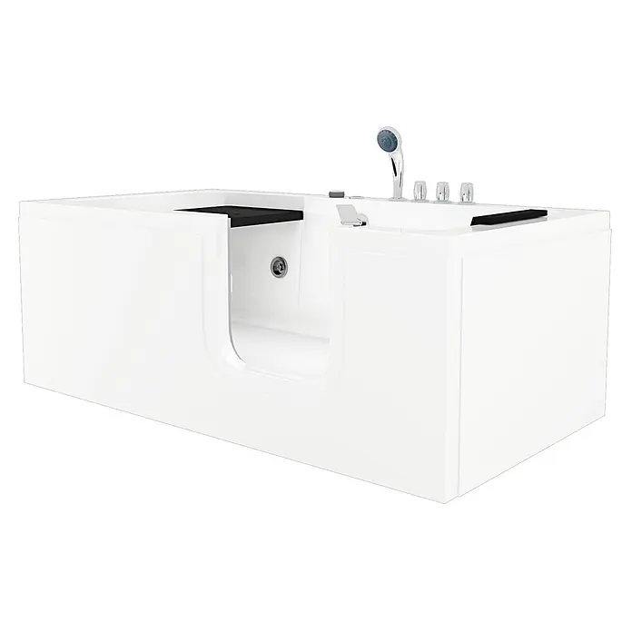AcquaVapore Badewanne Fertigdusche S15WP-TH-R - 150 x 75 cm, Acryl, Weiß - Weiße begehbare Badewanne mit integrierter Dusche, Armaturen und schwarzem eingebautem Sitz.