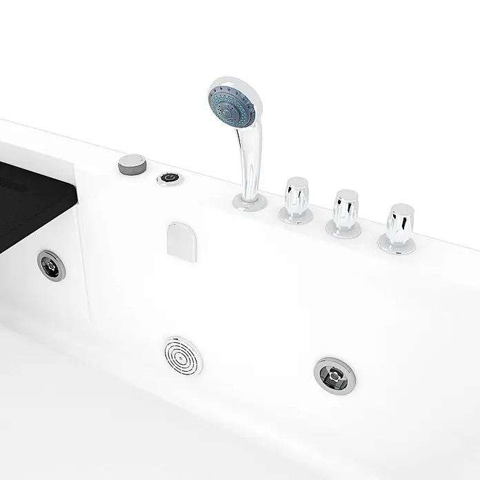 AcquaVapore Badewanne Fertigdusche S15WP-TH-R - 150 x 75 cm, Acryl, Weiß - Weiße Badewanne mit Chrom-Handbrause, mehreren Bedienknöpfen und Düsen. Verfügt über eine schwarze Kopfstütze/Sitz.