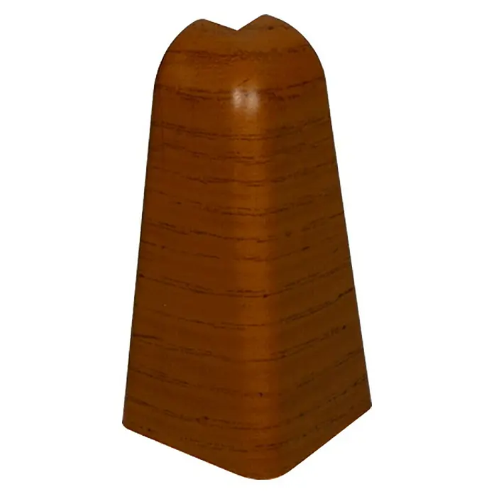 Profiles and more Außenecke FU60L - Merbau/Robinie, 2 Stk. - Nahaufnahme eines braunen, trapezförmigen Holzblocks mit abgerundeten Kanten und einer V-förmigen Einkerbung an der Oberseite.