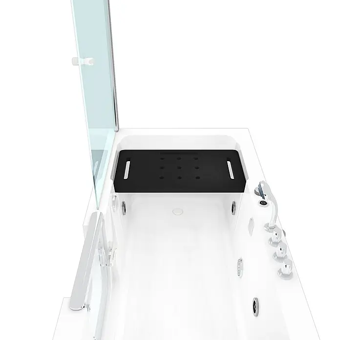 AcquaVapore Badewanne Fertigdusche S15D-WP-TH-R - 150 x 75 cm, Acryl, Weiß - Eine weiße barrierefreie Badewanne mit transparenter Duschkabine und schwarzem Badesitz, ausgestattet mit Bedienelementen und Düsen.