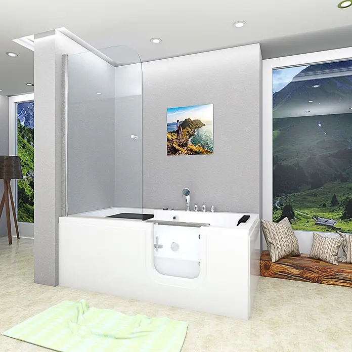 AcquaVapore Badewanne Fertigdusche S15D-WP-TH-R - 150 x 75 cm, Acryl, Weiß - Weiße Walk-in-Badewanne mit integrierter Glasduschwand in einem modernen Badezimmer, mit niedriger Einstiegstür für einfachen Zugang und Sicherheit.