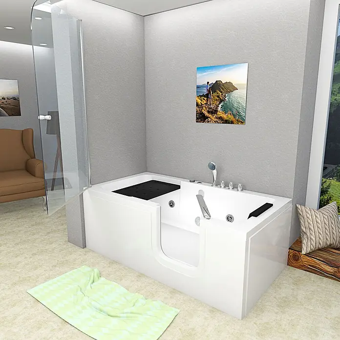 AcquaVapore Badewanne Fertigdusche S15D-WP-TH-R - 150 x 75 cm, Acryl, Weiß - Weiße barrierefreie Badewanne mit Zugangstür und Dusche in einem modernen Badezimmer.
