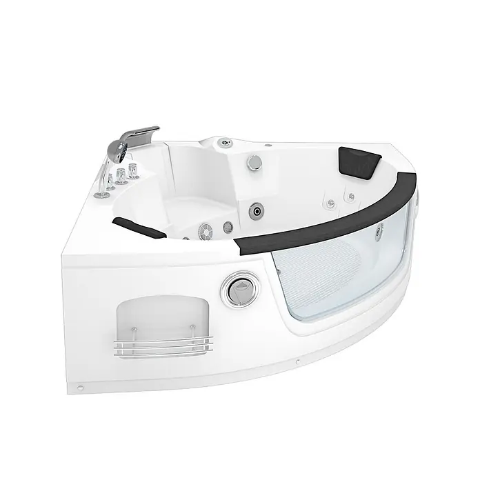 AcquaVapore Badewanne Fertigdusche W05R-TH - Acryl, Weiß - Weißer Eck-Whirlpool mit Chromarmaturen, schwarzen Kopfstützen und transparentem Vorderteil.