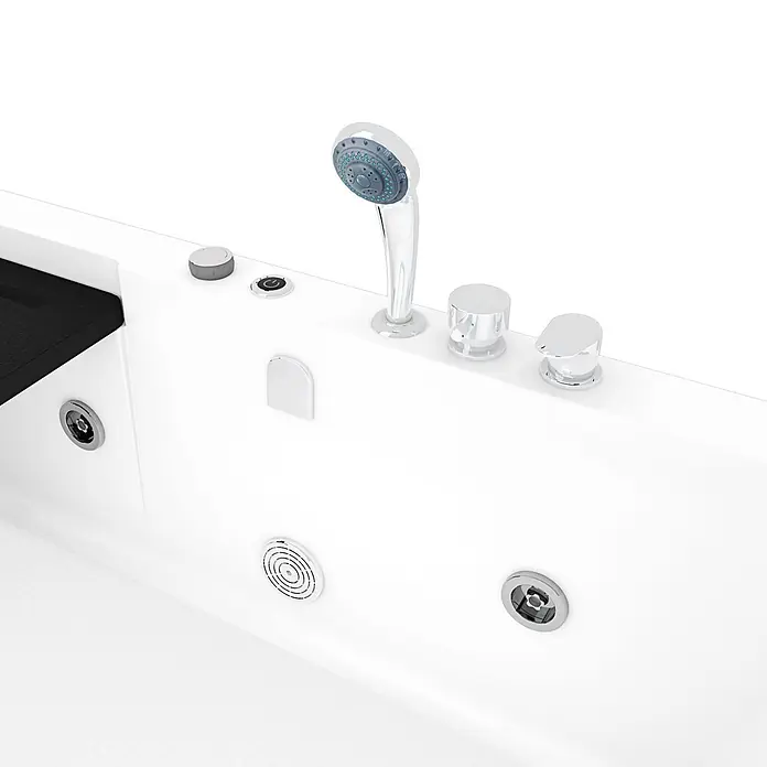 AcquaVapore Badewanne Fertigdusche S15D-WP-EH-R-EC - Acryl, Weiß - Weiße Whirlpool-Badewanne mit Chrom-Handbrause, Bedienelementen und integrierten Düsen, mit schwarzer Kopfstütze und Power-Knopf.