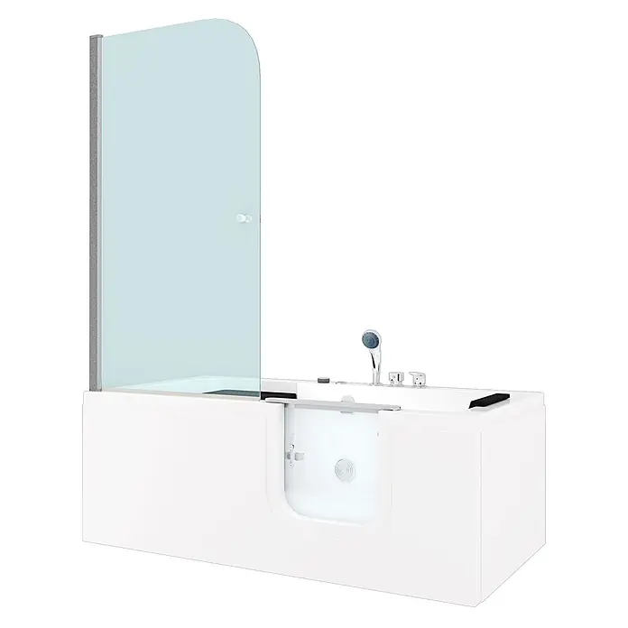 AcquaVapore Badewanne Fertigdusche S15D-WP-EH-R-EC - Acryl, Weiß - Weiße begehbare Badewanne mit integrierter Glasduschwand und Duschsystem, mit zugänglicher Seitenöffnung.