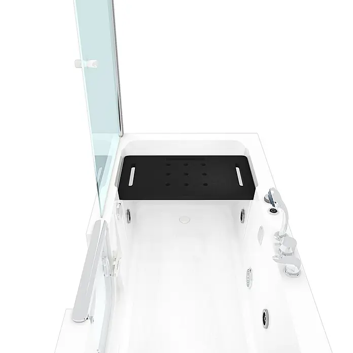 AcquaVapore Badewanne Fertigdusche S15D-WP-EH-R-EC - Acryl, Weiß - Weißer begehbarer Badewanne mit Duschabtrennung aus Glas und schwarzem Badesitz für Barrierefreiheit.