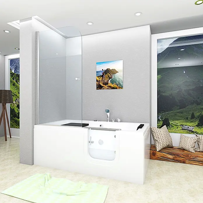 AcquaVapore Badewanne Fertigdusche S15D-WP-EH-R-EC - Acryl, Weiß - Weißer begehbarer Badewanne mit Duschabtrennung aus Klarglas für barrierefreies Baden und Duschen.