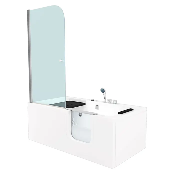 AcquaVapore Badewanne Fertigdusche S15D-WP-EH-R-EC - Acryl, Weiß - Weiße barrierefreie Badewanne mit integriertem Sitz, Glasduschwand und Chromarmaturen für einfachen Zugang.