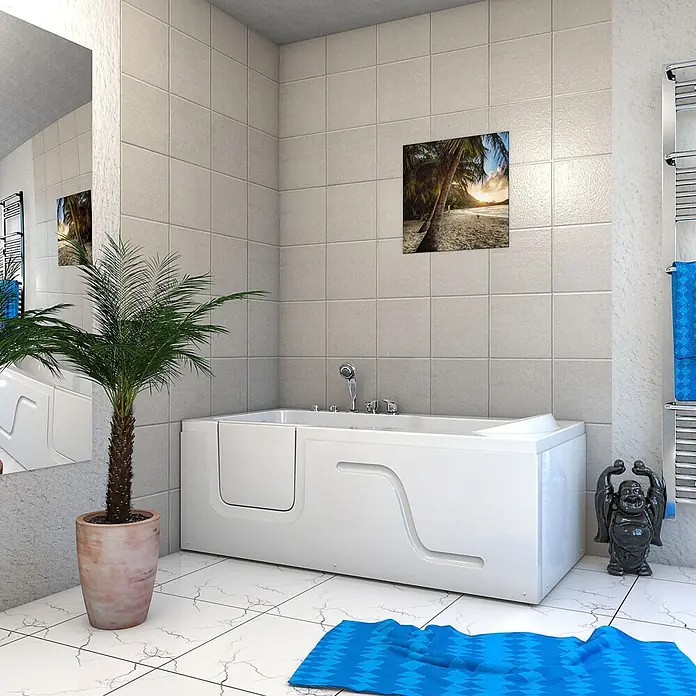 AcquaVapore Badewanne Fertigdusche S17-EH-WP-R - Acryl, Weiß - Weiße Badewanne mit Einstiegstür für einfachen Zugang in einem modernen Badezimmer.
