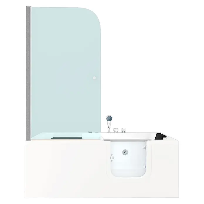 AcquaVapore Badewanne Fertigdusche S15D-WP-EH-R-EC - Acryl, Weiß - Weiße barrierefreie Badewanne mit integrierter Duschwand aus Klarglas, Chromarmaturen und seitlicher Einstiegstür.