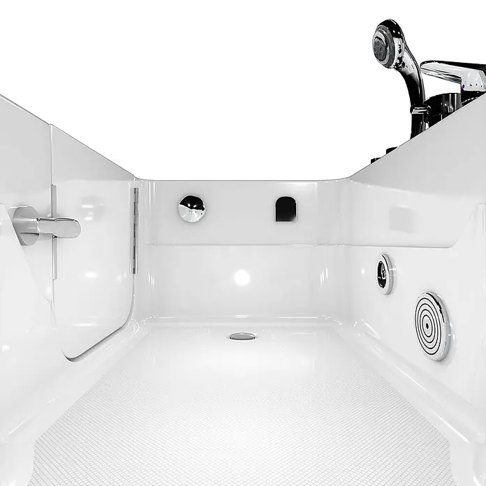 AcquaVapore Badewanne Fertigdusche S17-EH-WP-R - Acryl, Weiß - Weiße begehbare Badewanne mit rutschfestem Boden, Chrom-Türgriff, Duschkopf, Wasserhahn und Hydromassagedüsen.