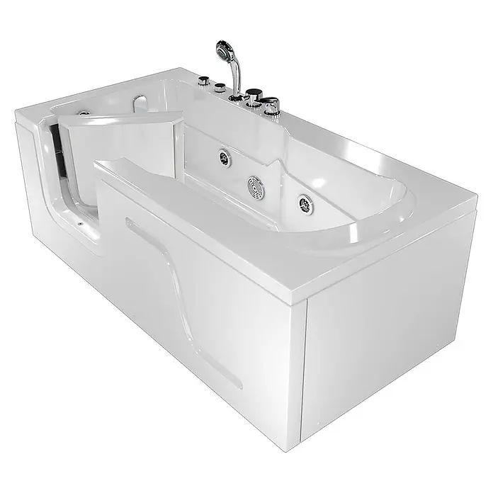 AcquaVapore Badewanne Fertigdusche S17-EH-WP-R - Acryl, Weiß - Weiße Badewanne mit Einstiegstür, Chromarmaturen, integrierter Brause und Hydromassagedüsen.