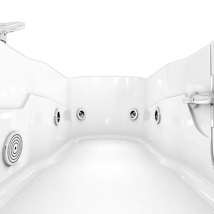 AcquaVapore Badewanne Fertigdusche S17-EH-WP-R - Acryl, Weiß - Weißes Inneres einer begehbaren Badewanne mit Hydromassagedüsen, rutschfestem Boden und Chromarmaturen.