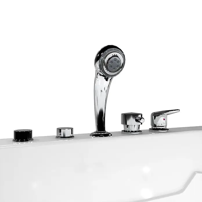 AcquaVapore Badewanne Fertigdusche S17-EH-WP-R - Acryl, Weiß - Weißes Wannendeck mit Chrom-Handbrause, Armatur und drei Bedienknöpfen für Wasser/Temperatur.